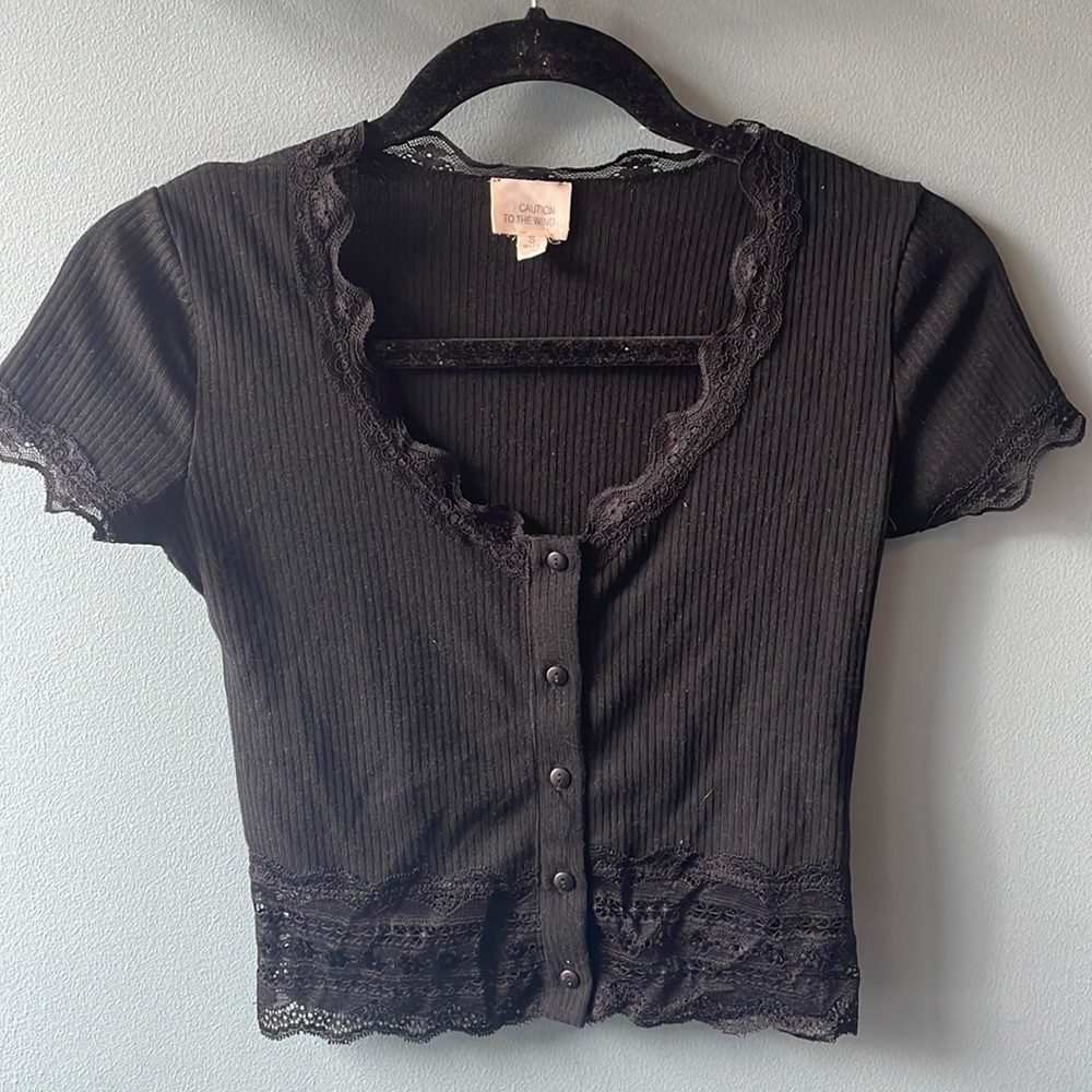 Black Cropped Top with Lace Detailing Size: S